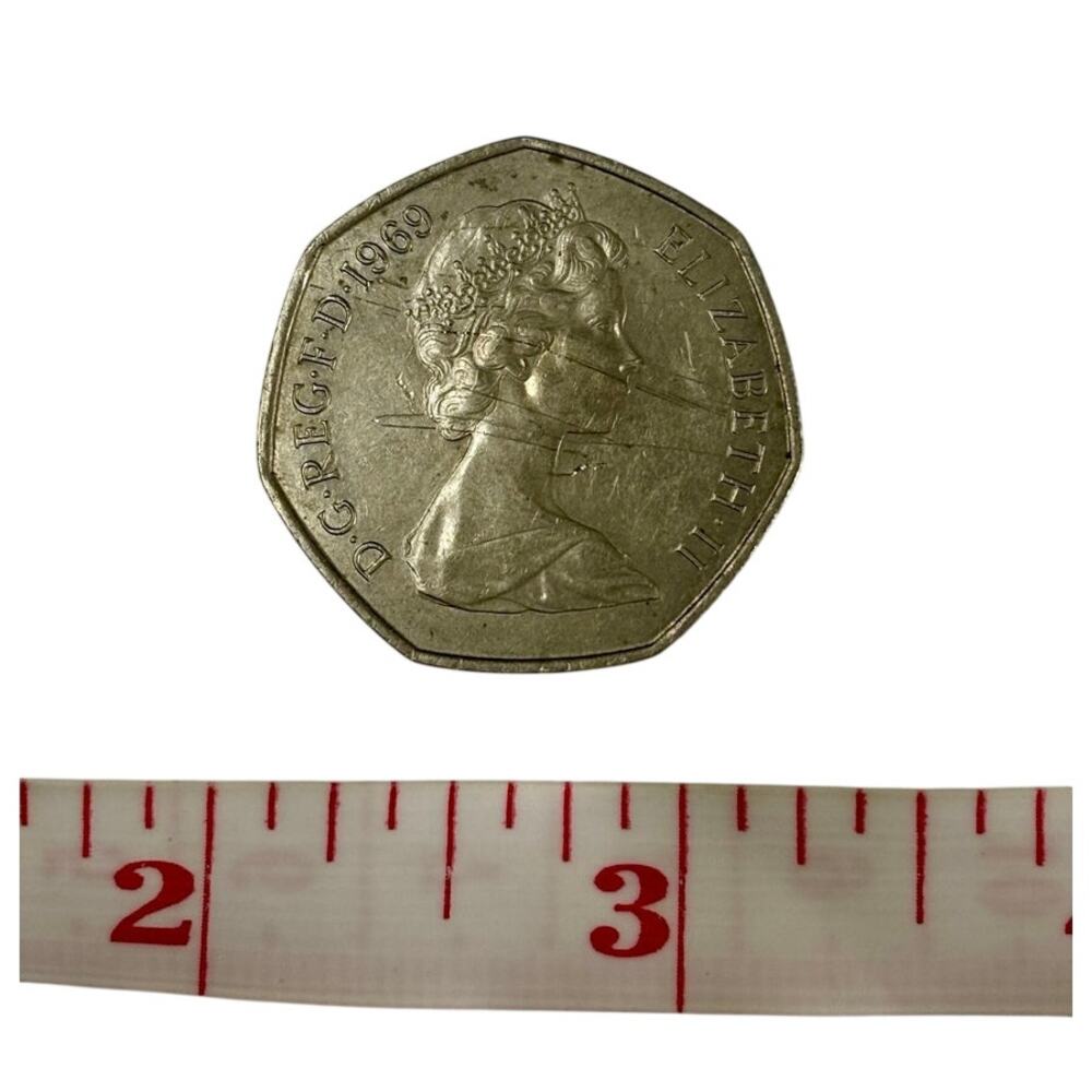 1969 British 50 New Pence Coin Queen Elizabeth II 1st Year Decimalization UK